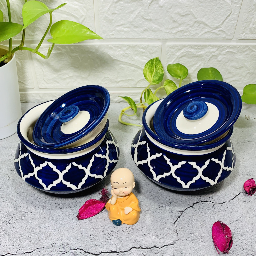 Homefrills Handpainted Multi-Utility  Ceramic Jar & Container with Lid/Barni/Handi for Storage of Achar/Snacks /Pickle/Chutney etc. (2 Handi with Lid )Colour-Blue Capacity-350 ML(approx)Each